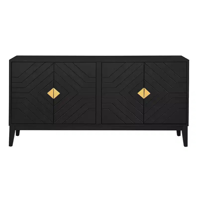 Buffet moderne avec 4 portes à motifs incurvés, meuble de rangement pour salon, salle à manger, cuisine, noir