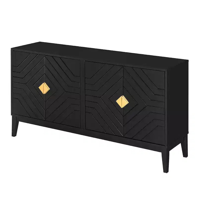 Buffet moderne avec 4 portes à motifs incurvés, meuble de rangement pour salon, salle à manger, cuisine, noir