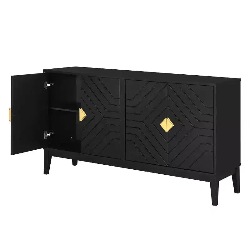 Buffet moderne avec 4 portes à motifs incurvés, meuble de rangement pour salon, salle à manger, cuisine, noir