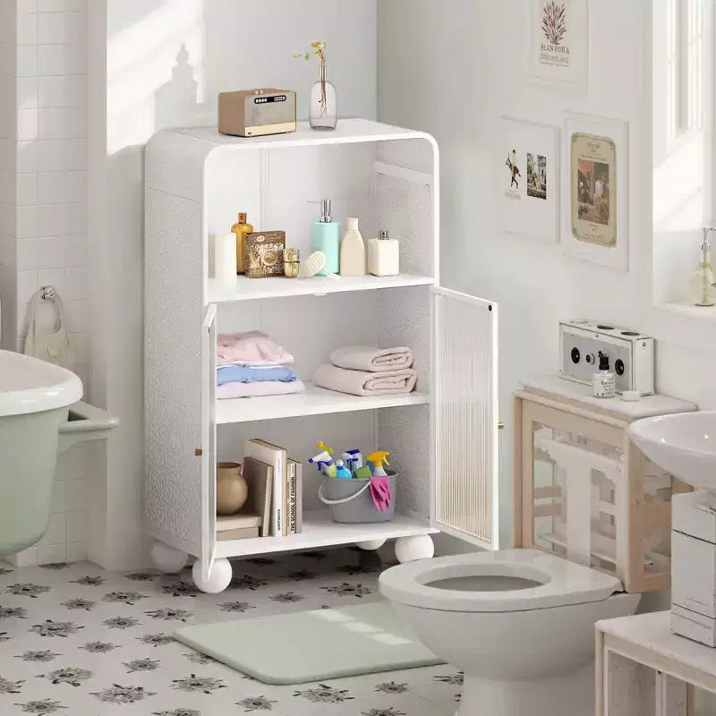 Meuble de rangement de salle de bain de 114,8 cm avec porte en verre trempé, autoportant avec 2 portes et 1 étagère ouverte pour cuisine et salle de bain