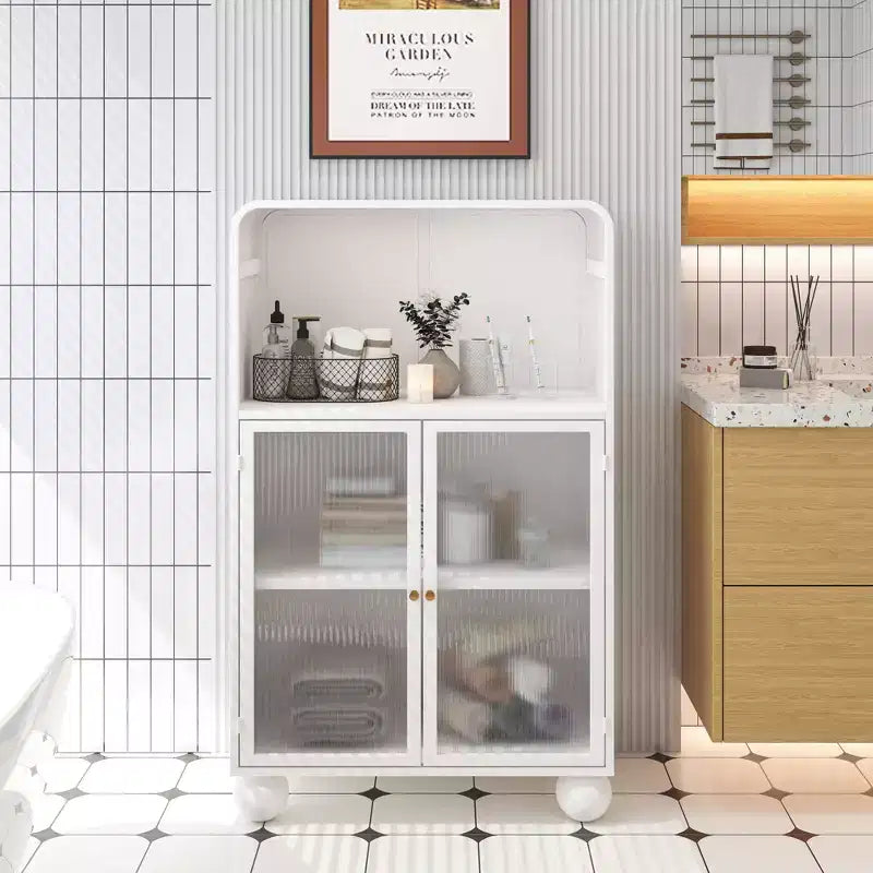 Meuble de rangement de salle de bain de 114,8 cm avec porte en verre trempé, autoportant avec 2 portes et 1 étagère ouverte pour cuisine et salle de bain