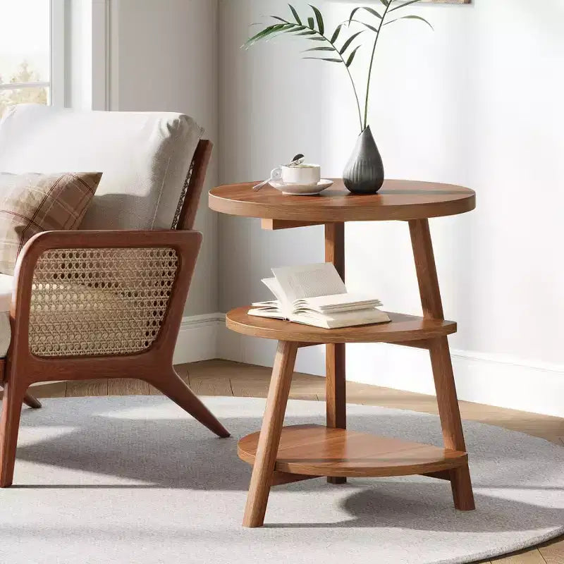 Table d'appoint ronde à 3 niveaux, table d'appoint de 50 cm, petite table de chevet ronde pour salon, chambre et canapé, marron