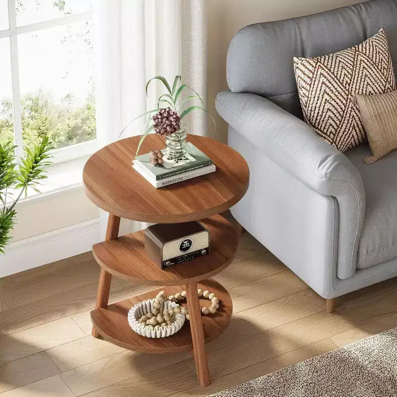 Table d'appoint ronde à 3 niveaux, table d'appoint de 50 cm, petite table de chevet ronde pour salon, chambre et canapé, marron