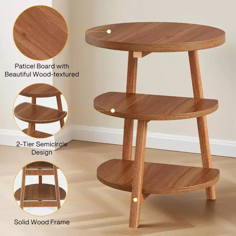 Table d'appoint ronde à 3 niveaux, table d'appoint de 50 cm, petite table de chevet ronde pour salon, chambre et canapé, marron