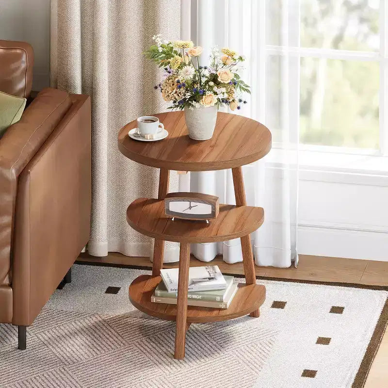 Table d'appoint ronde à 3 niveaux, table d'appoint de 50 cm, petite table de chevet ronde pour salon, chambre et canapé, marron