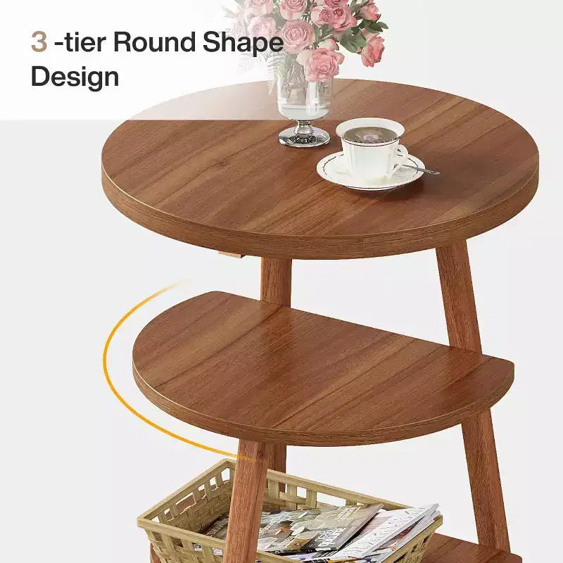 Table d'appoint ronde à 3 niveaux, table d'appoint de 50 cm, petite table de chevet ronde pour salon, chambre et canapé, marron