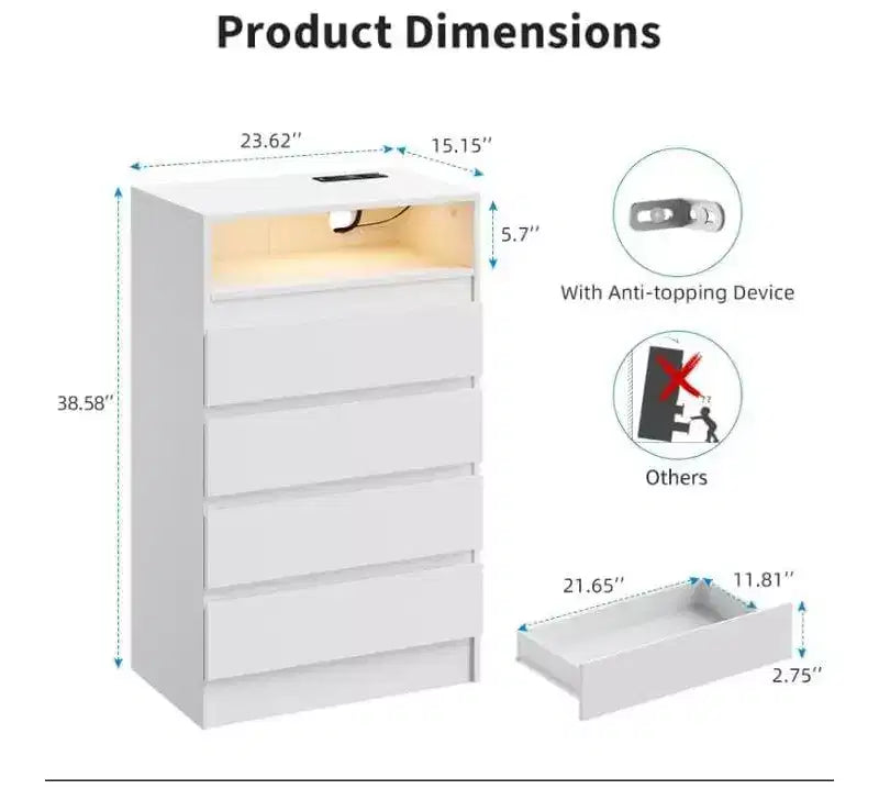 Commode à 4 tiroirs avec éclairage LED et station de recharge, commode moderne blanche pour chambre à coucher et salon