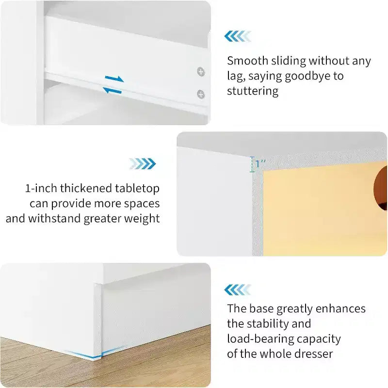 Commode à 4 tiroirs avec éclairage LED et station de recharge, commode moderne blanche pour chambre à coucher et salon