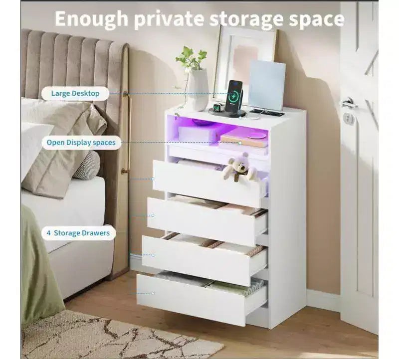 Commode à 4 tiroirs avec éclairage LED et station de recharge, commode moderne blanche pour chambre à coucher et salon