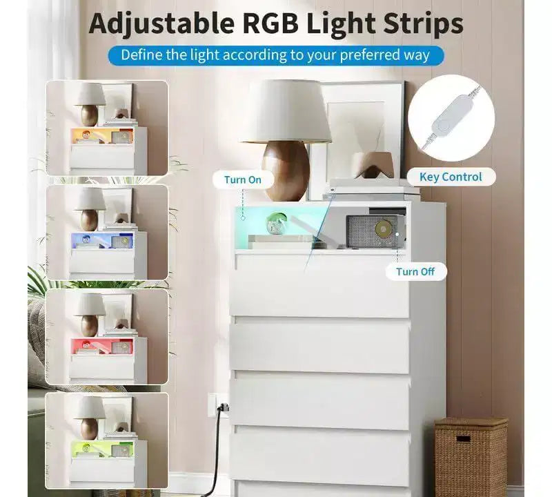 Commode à 4 tiroirs avec éclairage LED et station de recharge, commode moderne blanche pour chambre à coucher et salon