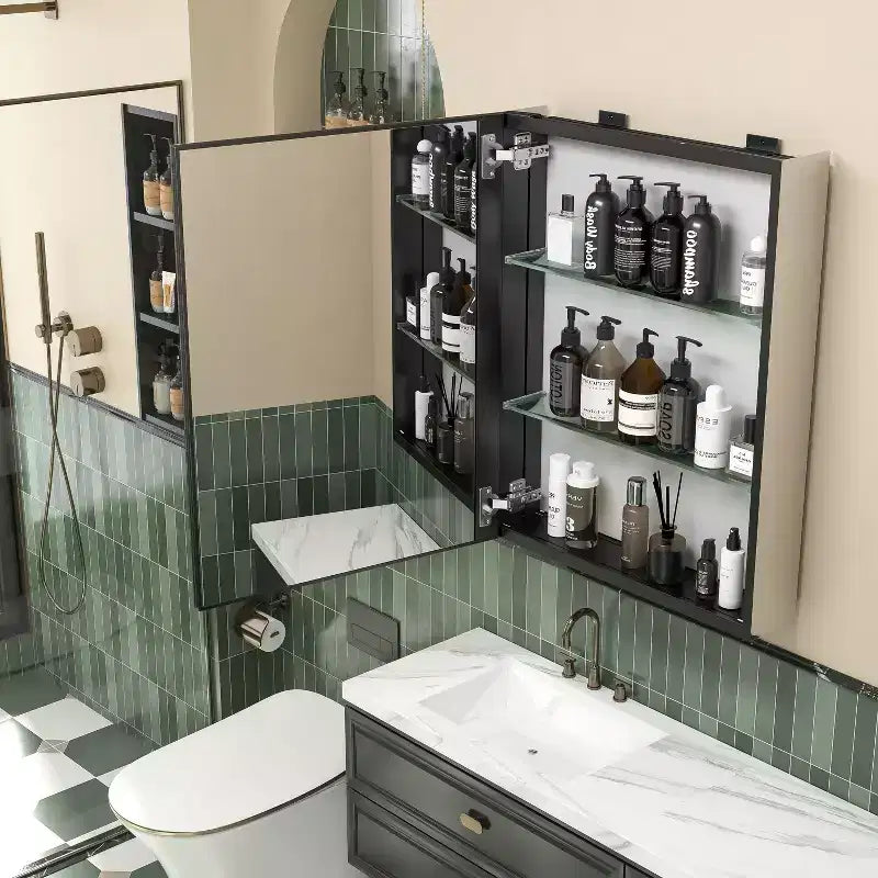 Armoire de toilette rectangulaire moderne de 26 po x 20 po, miroir mural à cadre métallique avec rangement, noir