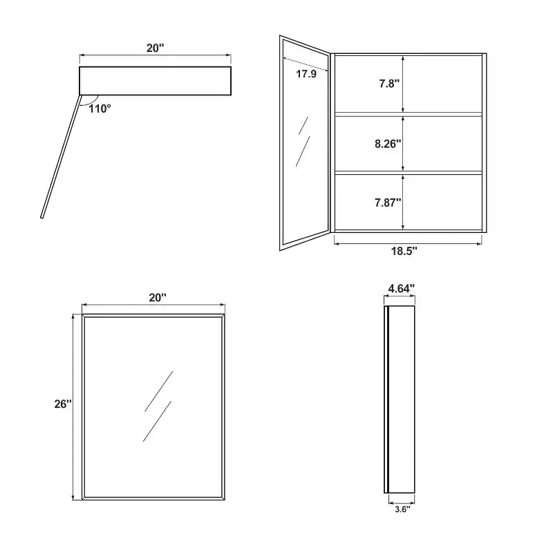 Armoire de toilette rectangulaire moderne de 26 po x 20 po, miroir mural à cadre métallique avec rangement, noir