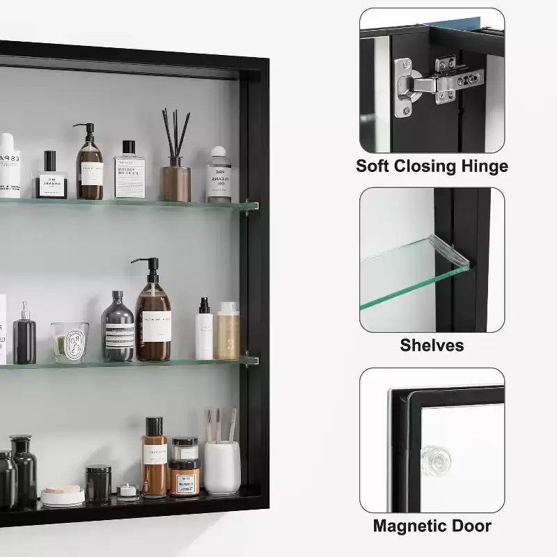 Armoire de toilette rectangulaire moderne de 26 po x 20 po, miroir mural à cadre métallique avec rangement, noir