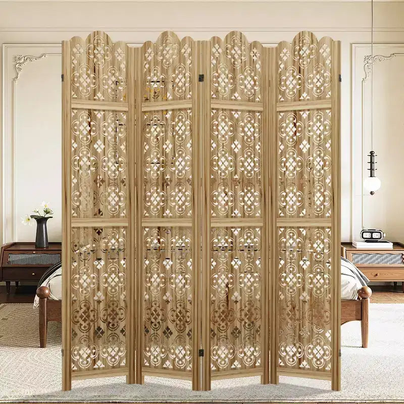 Paravent pliant en bois 160x170cm, Séparateur de pièce autoportant pour intérieur, 4 panneaux, Marron