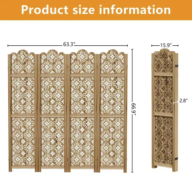 Paravent pliant en bois 160x170cm, Séparateur de pièce autoportant pour intérieur, 4 panneaux, Marron