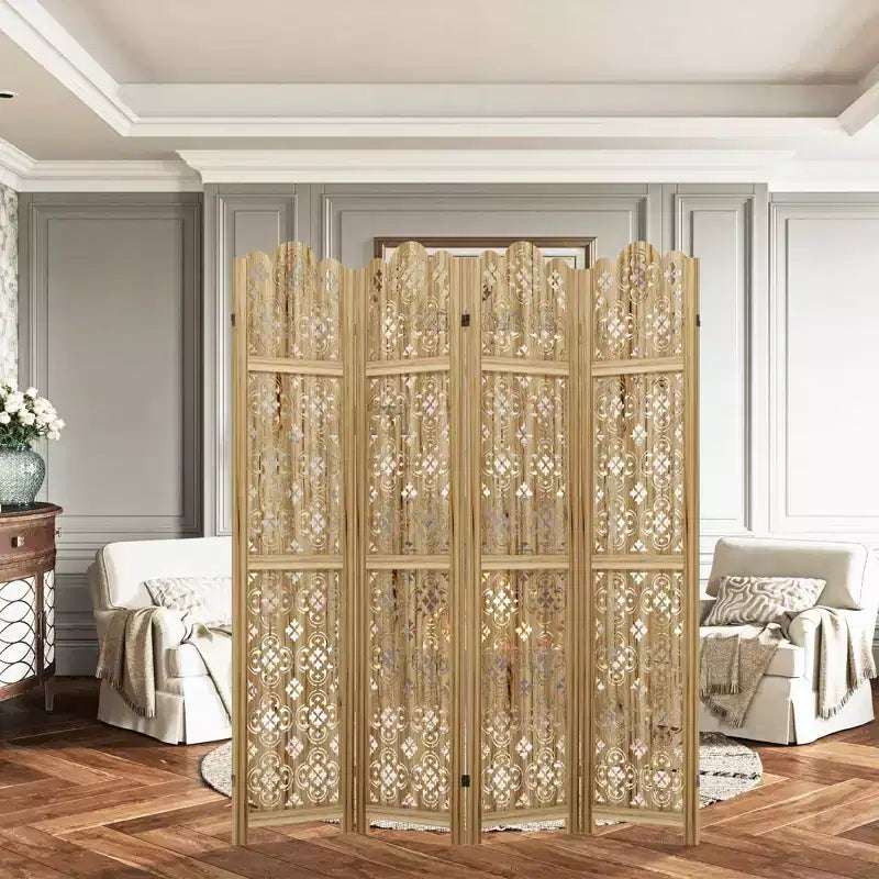 Paravent pliant en bois 160x170cm, Séparateur de pièce autoportant pour intérieur, 4 panneaux, Marron
