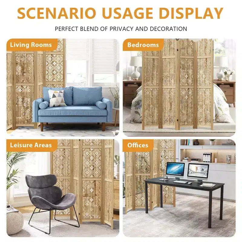 Paravent pliant en bois 160x170cm, Séparateur de pièce autoportant pour intérieur, 4 panneaux, Marron