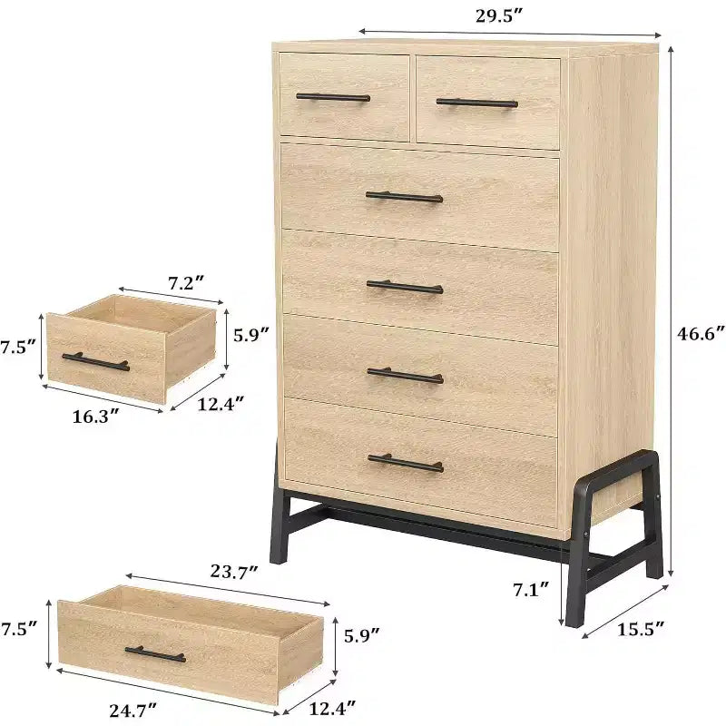 Commode à 6 tiroirs de 118 cm de haut, compatible avec les robots aspirateurs, finition Chêne naturel pour Chambre & Entrée