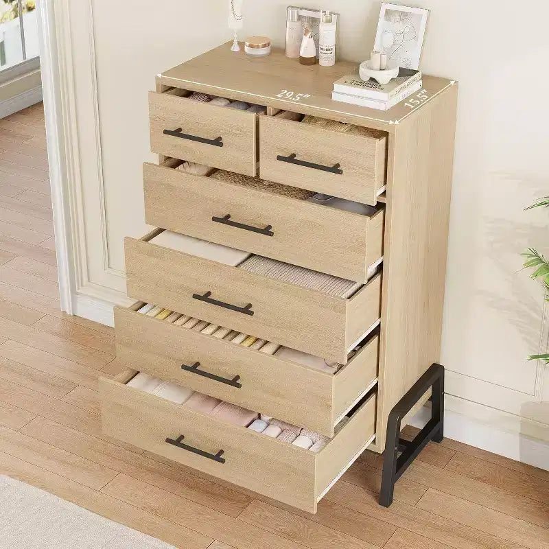 Commode à 6 tiroirs de 118 cm de haut, compatible avec les robots aspirateurs, finition Chêne naturel pour Chambre & Entrée