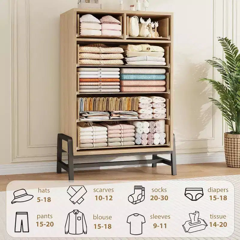 Commode à 6 tiroirs de 118 cm de haut, compatible avec les robots aspirateurs, finition Chêne naturel pour Chambre & Entrée