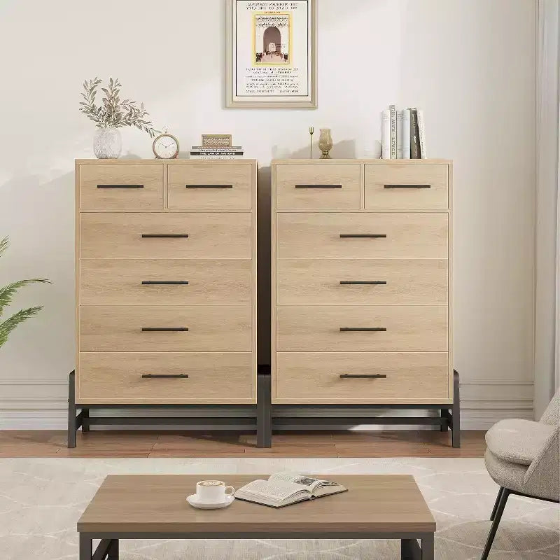 Commode à 6 tiroirs de 118 cm de haut, compatible avec les robots aspirateurs, finition Chêne naturel pour Chambre & Entrée