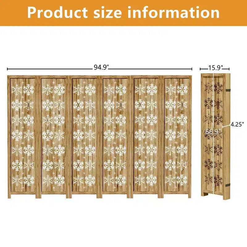 Paravent pliable en bois de 95"x67" pour intérieur, cloison autoportante, 6 panneaux, marron