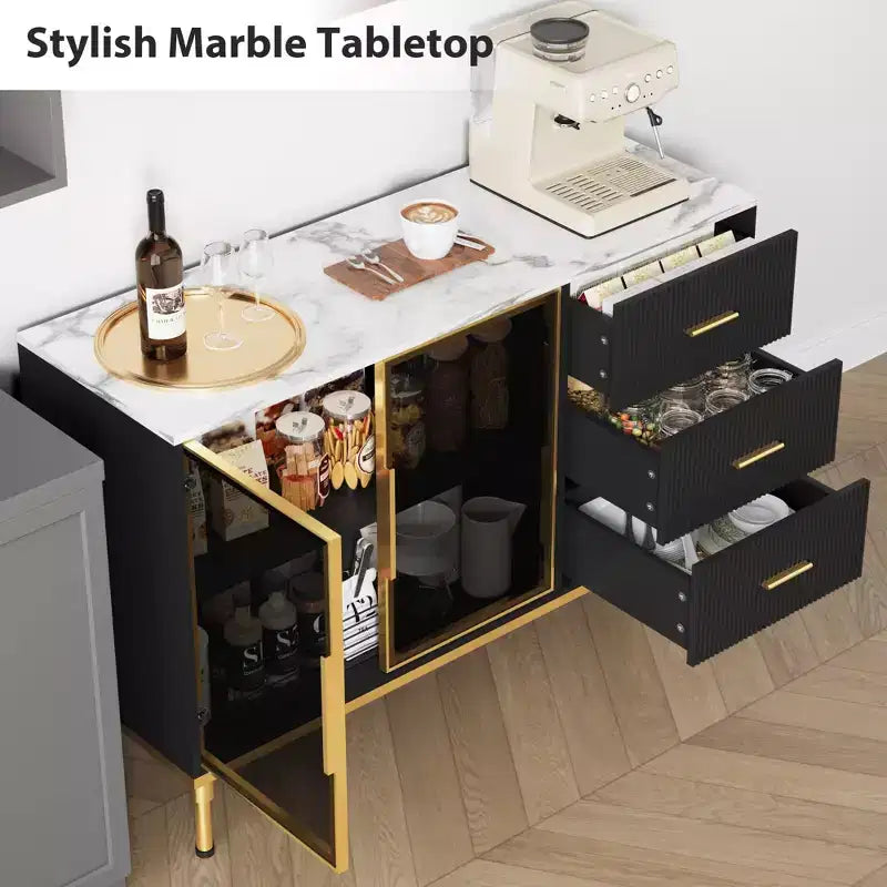 Buffet de cuisine cannelé de 117,8 cm avec 2 portes vitrées, 3 tiroirs et étagères, plateau effet marbre, noir