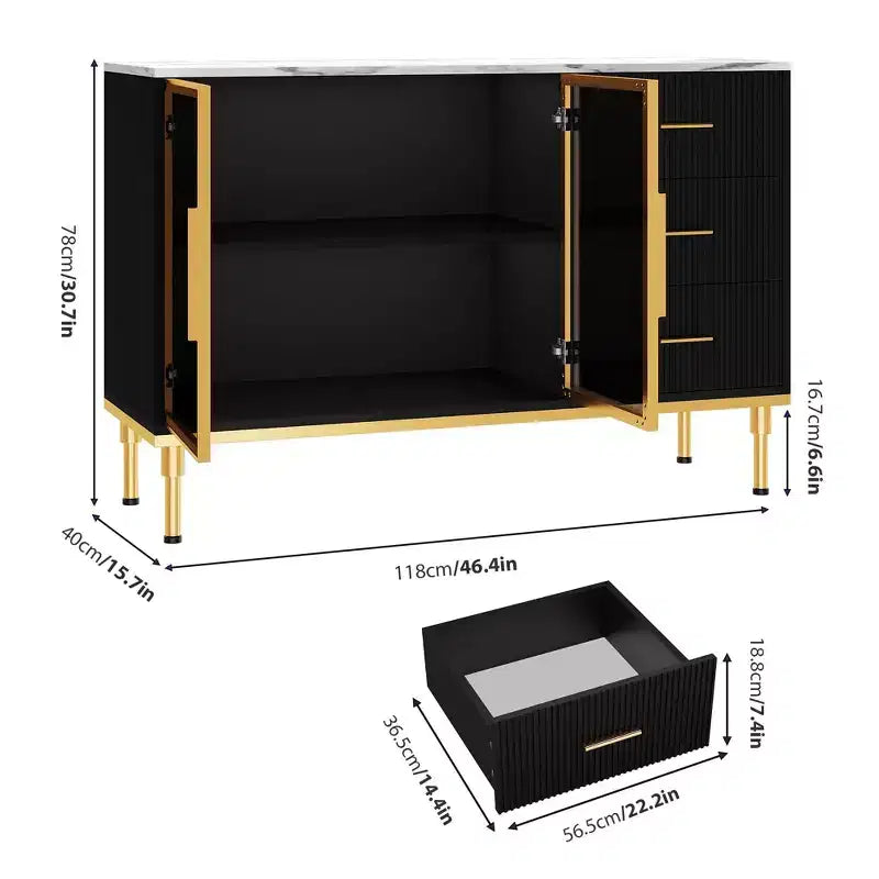 Buffet de cuisine cannelé de 117,8 cm avec 2 portes vitrées, 3 tiroirs et étagères, plateau effet marbre, noir