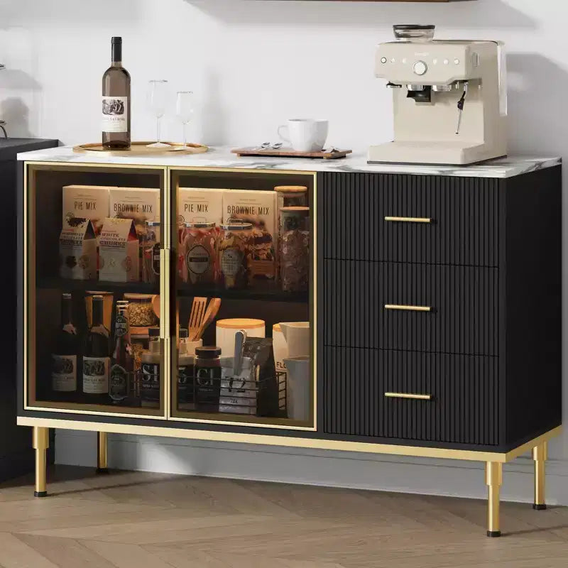 Buffet de cuisine cannelé de 117,8 cm avec 2 portes vitrées, 3 tiroirs et étagères, plateau effet marbre, noir