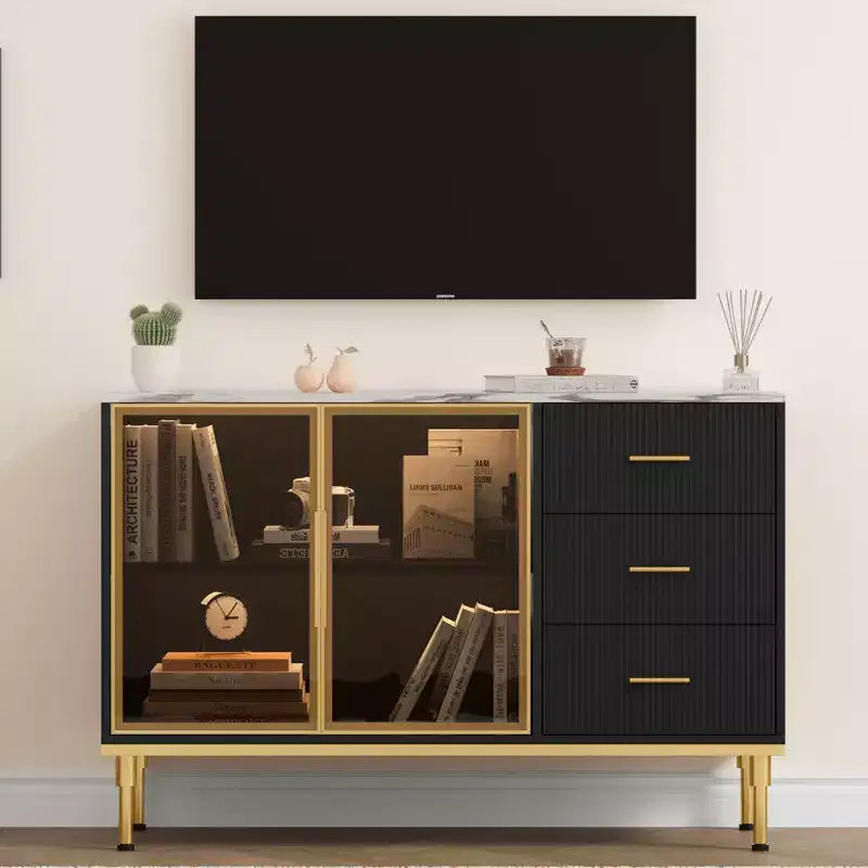 Buffet de cuisine cannelé de 117,8 cm avec 2 portes vitrées, 3 tiroirs et étagères, plateau effet marbre, noir