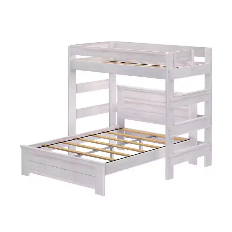 Lit superposé en L de style rustique, jumeau sur grand lit avec panneau