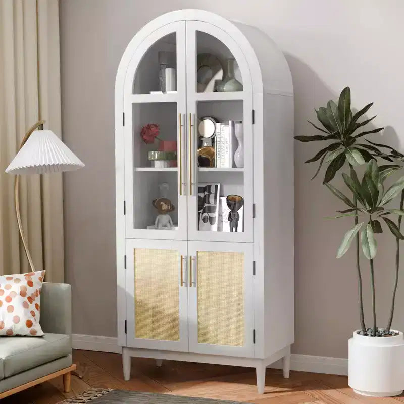 Armoire de rangement arquée de 71 po de hauteur avec portes en verre et pieds en bois massif, blanche