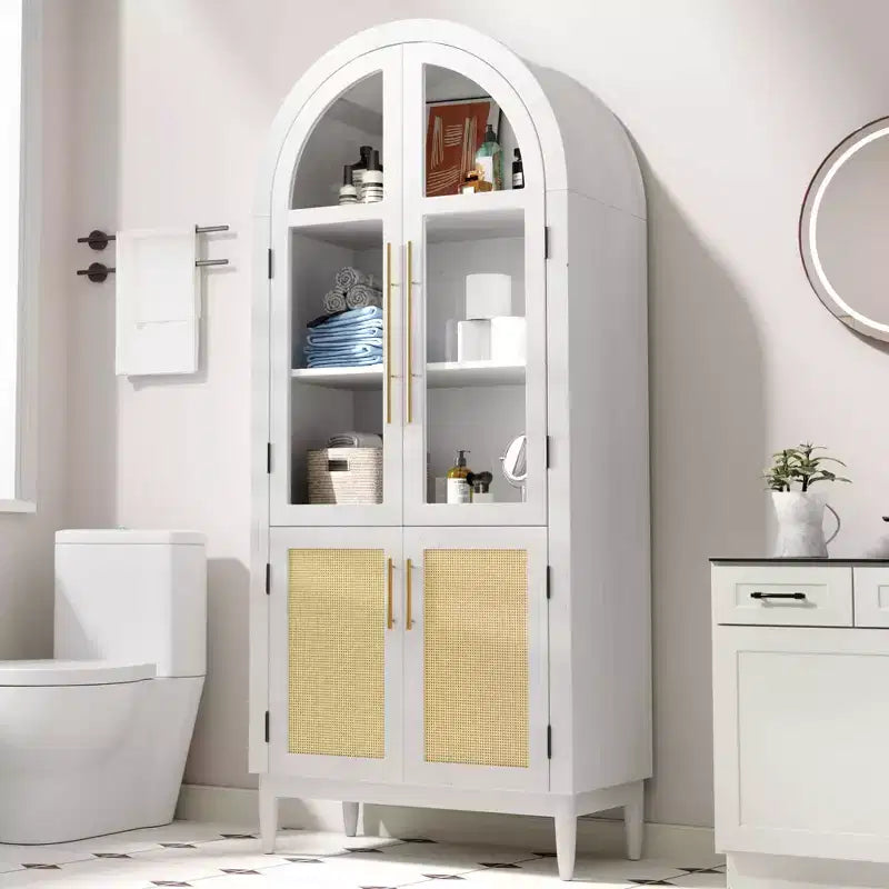 Armoire de rangement arquée de 71 po de hauteur avec portes en verre et pieds en bois massif, blanche