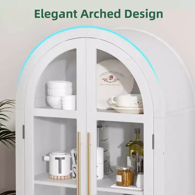 Armoire de rangement arquée de 71 po de hauteur avec portes en verre et pieds en bois massif, blanche