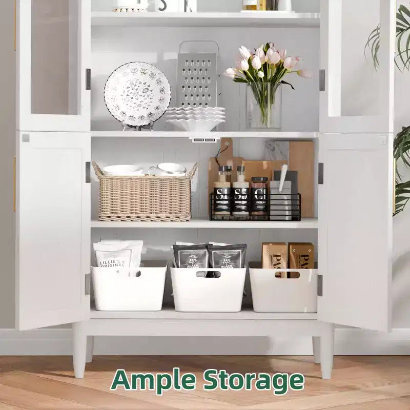 Armoire de rangement arquée de 71 po de hauteur avec portes en verre et pieds en bois massif, blanche