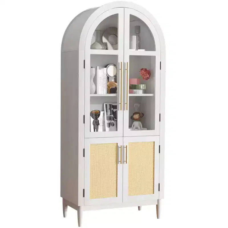 Armoire de rangement arquée de 71 po de hauteur avec portes en verre et pieds en bois massif, blanche