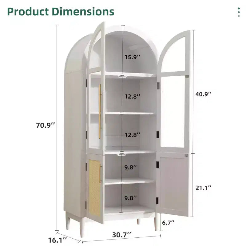 Armoire de rangement arquée de 71 po de hauteur avec portes en verre et pieds en bois massif, blanche