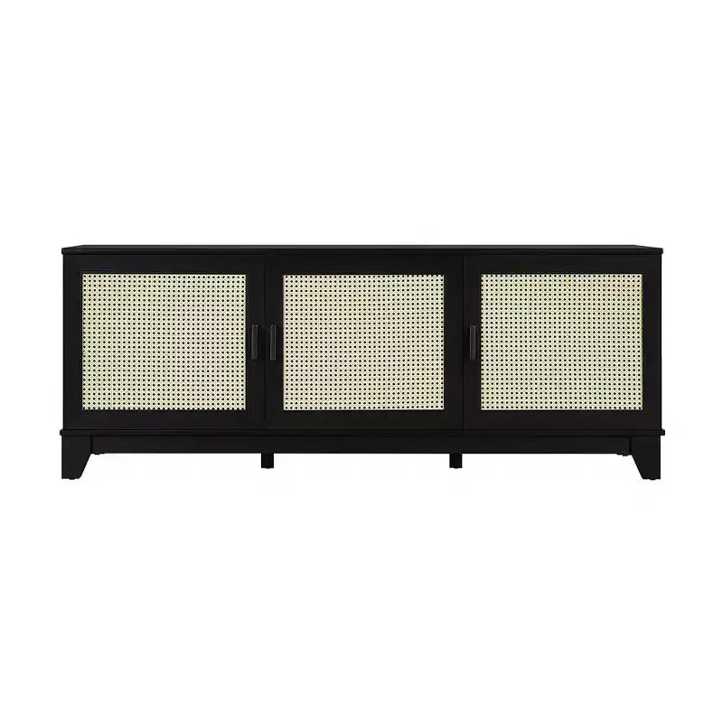 Meuble TV moderne 63 po en rotin et bois avec 3 portes à fermeture en douceur