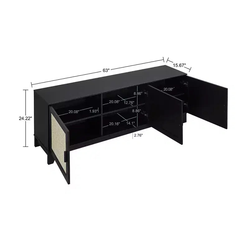 Meuble TV moderne 63 po en rotin et bois avec 3 portes à fermeture en douceur