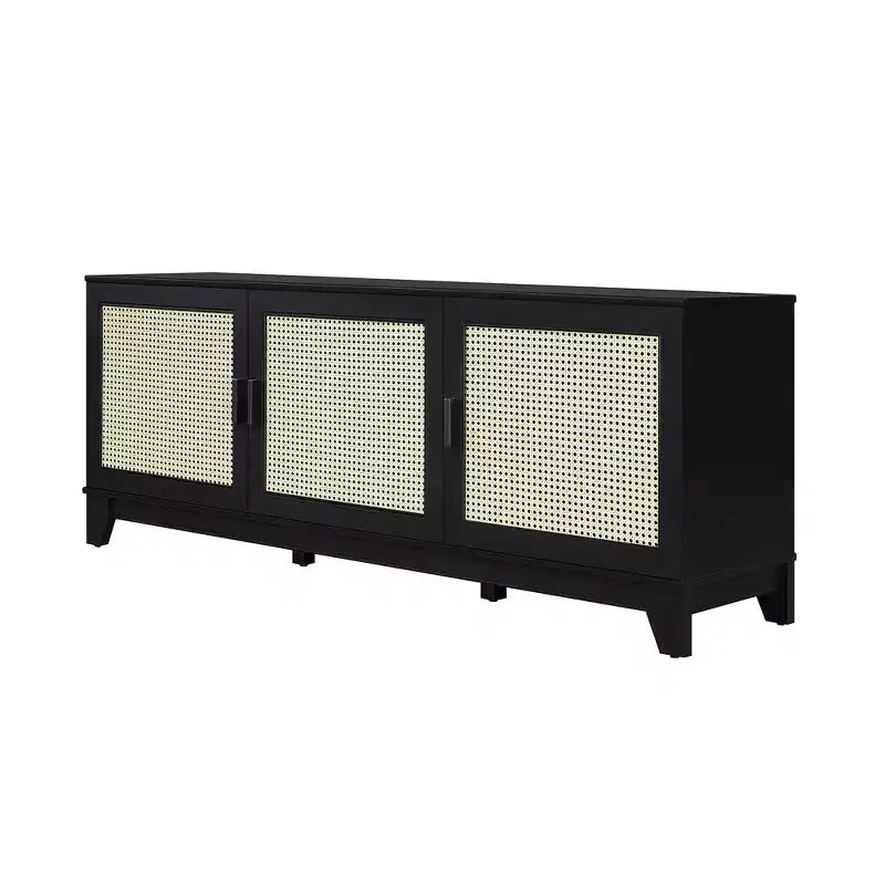 Meuble TV moderne 63 po en rotin et bois avec 3 portes à fermeture en douceur