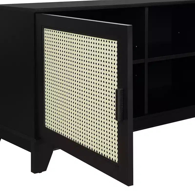 Meuble TV moderne 63 po en rotin et bois avec 3 portes à fermeture en douceur