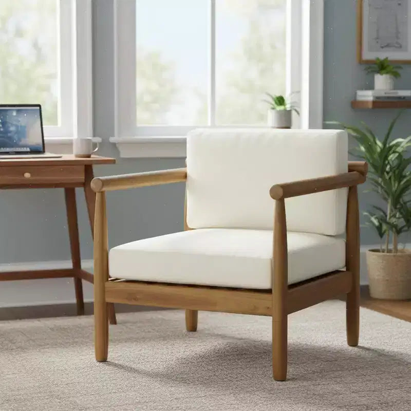 Fauteuil d'appoint en bois d'acacia avec assise et dossier rembourrés, naturel