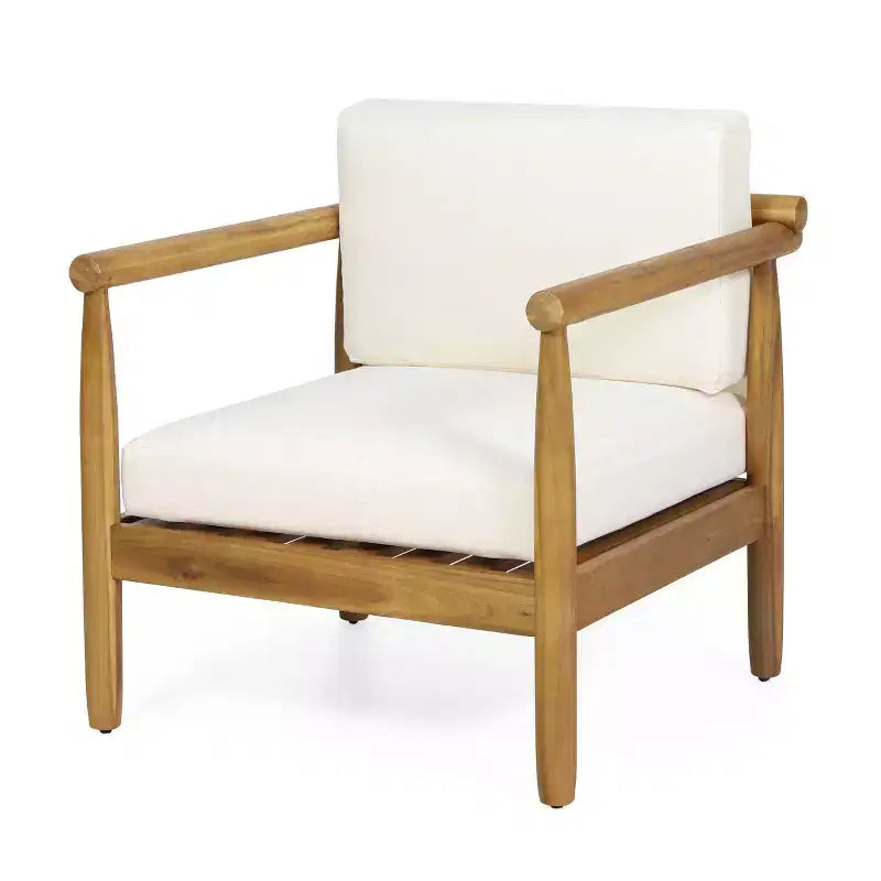 Fauteuil d'appoint en bois d'acacia avec assise et dossier rembourrés, naturel
