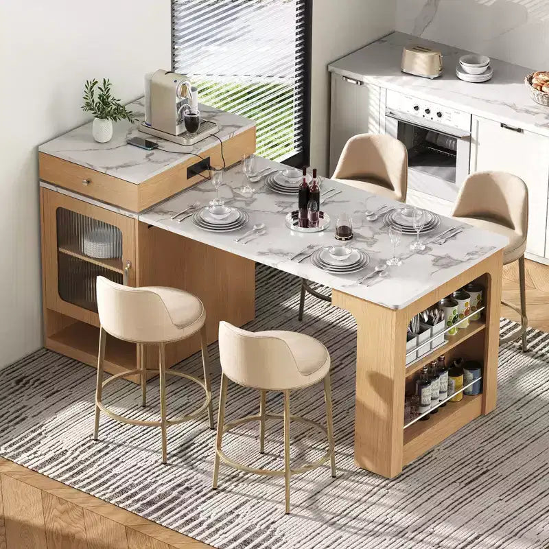 Îlot de cuisine avec table extensible, rangement double face et prise de courant, chariot de cuisine pour salle à manger