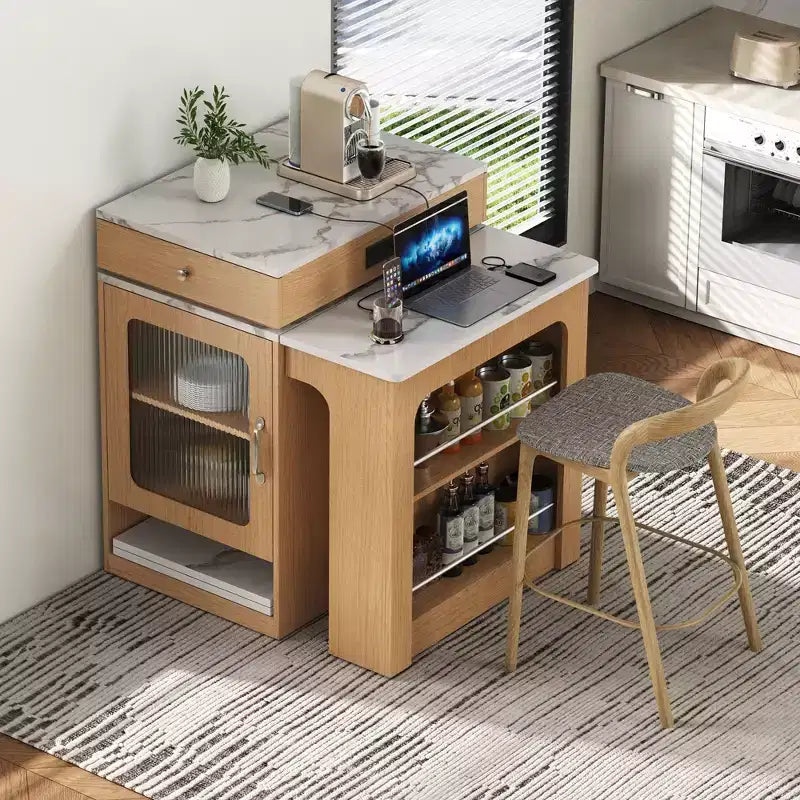 Îlot de cuisine avec table extensible, rangement double face et prise de courant, chariot de cuisine pour salle à manger
