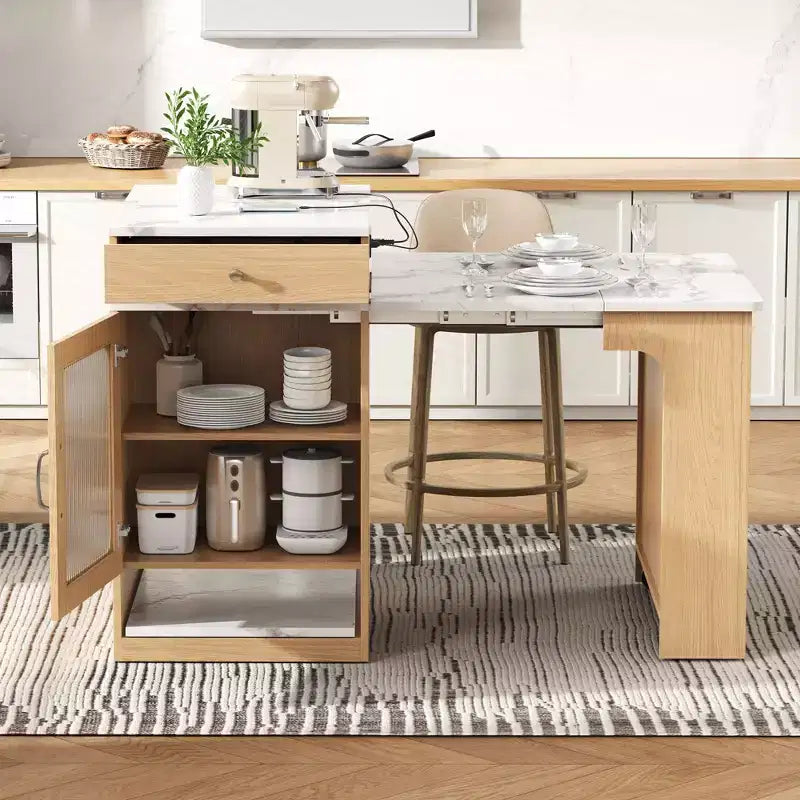 Îlot de cuisine avec table extensible, rangement double face et prise de courant, chariot de cuisine pour salle à manger