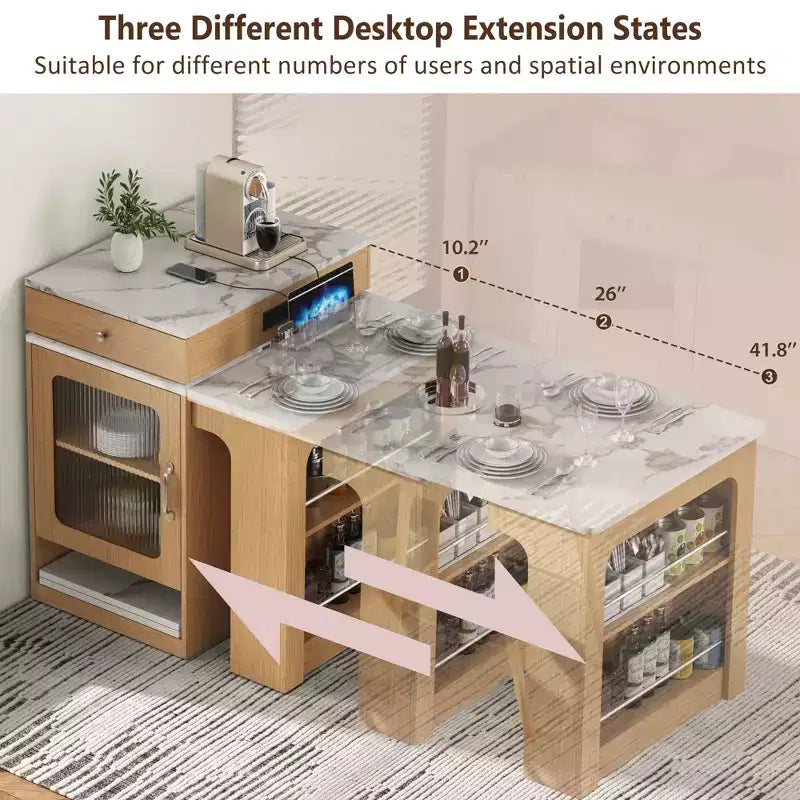 Îlot de cuisine avec table extensible, rangement double face et prise de courant, chariot de cuisine pour salle à manger