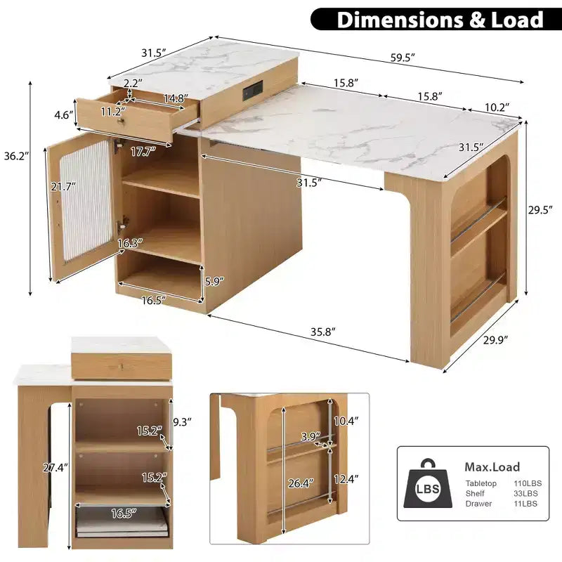 Îlot de cuisine avec table extensible, rangement double face et prise de courant, chariot de cuisine pour salle à manger