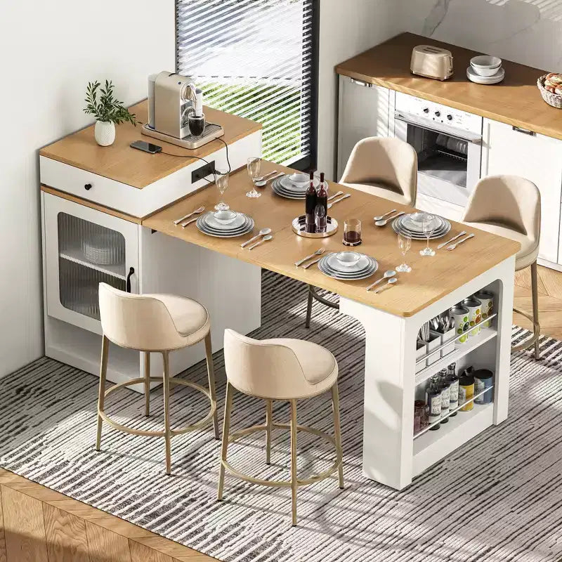 Îlot de cuisine avec table extensible, rangement double face et prise de courant, chariot de cuisine pour salle à manger