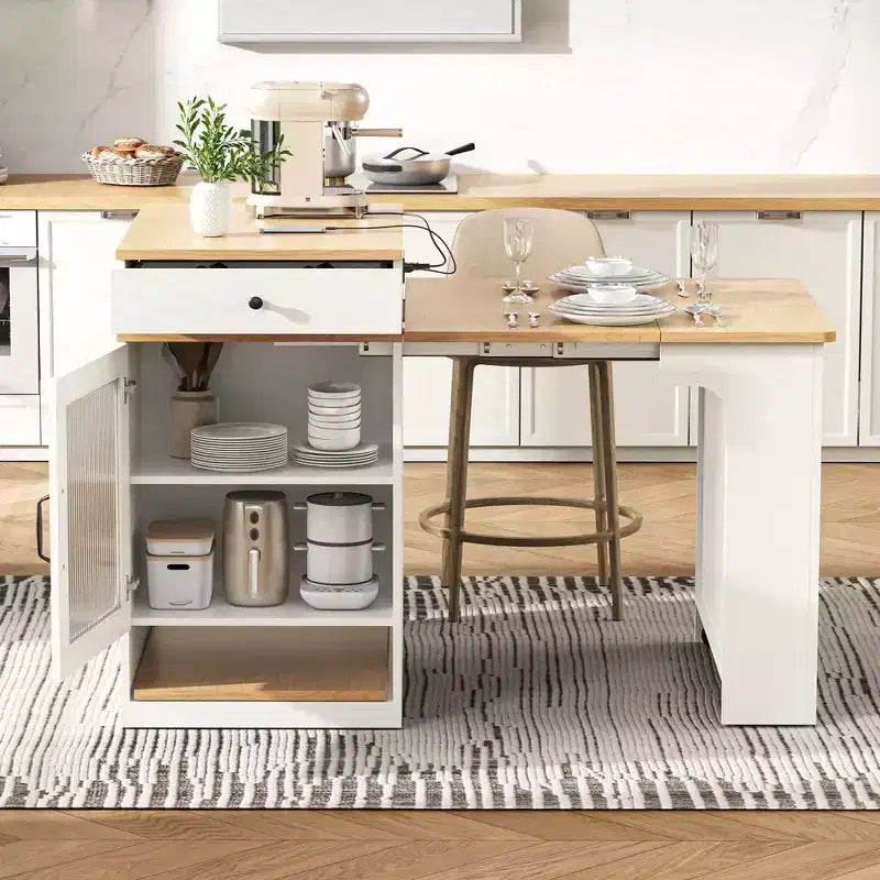 Îlot de cuisine avec table extensible, rangement double face et prise de courant, chariot de cuisine pour salle à manger